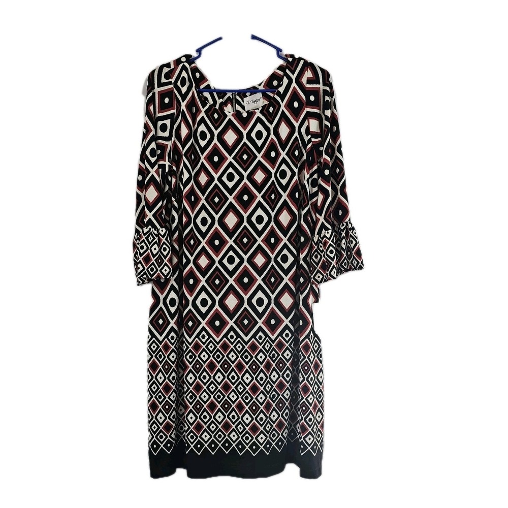 NWT J Taylor Women's Size 16 Flowy Geometric Print Dress 3/4 Sleeve‎ Zip Back